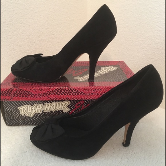 RUSH HOUR LEATHER SUEDE HEELS W/ BLACK SATIN BOWS - Picture 2 of 3